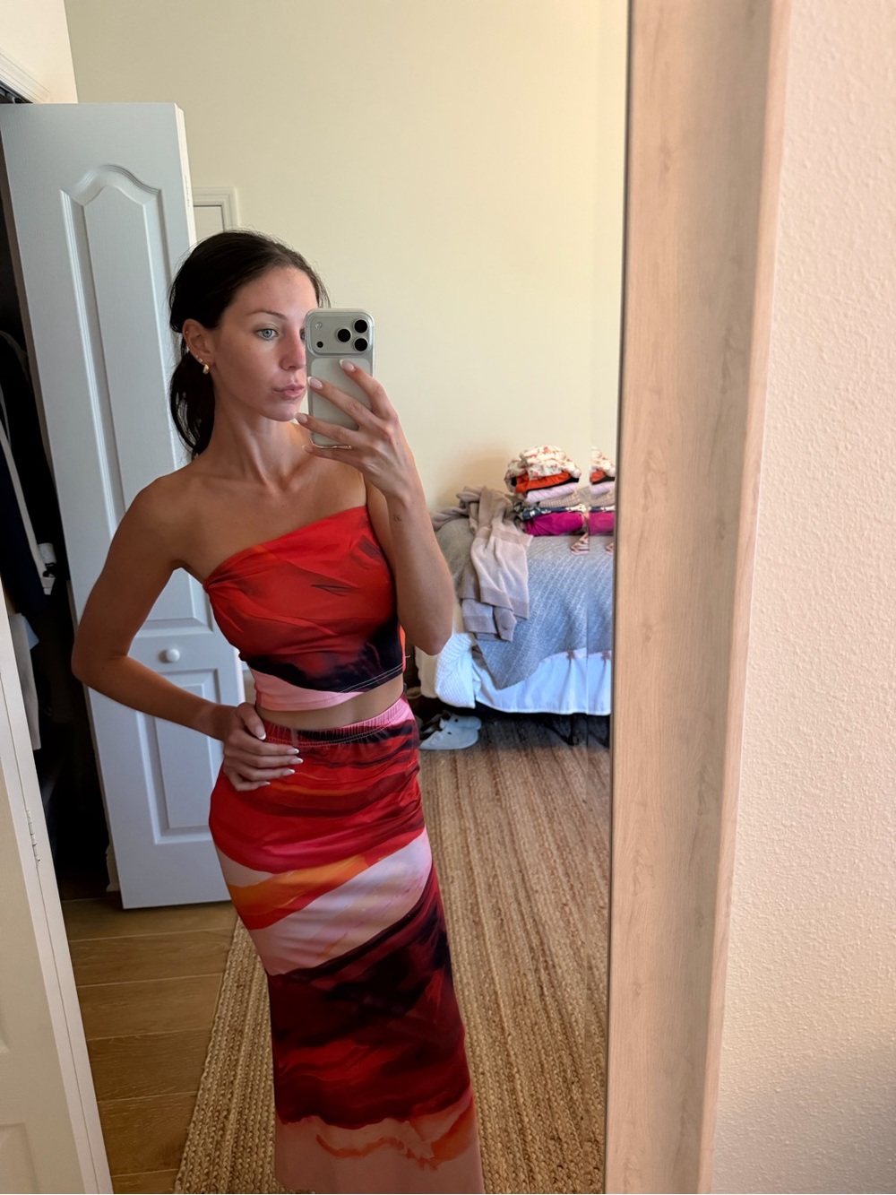 Strapless Red Print Two-Piece Maxi Dress